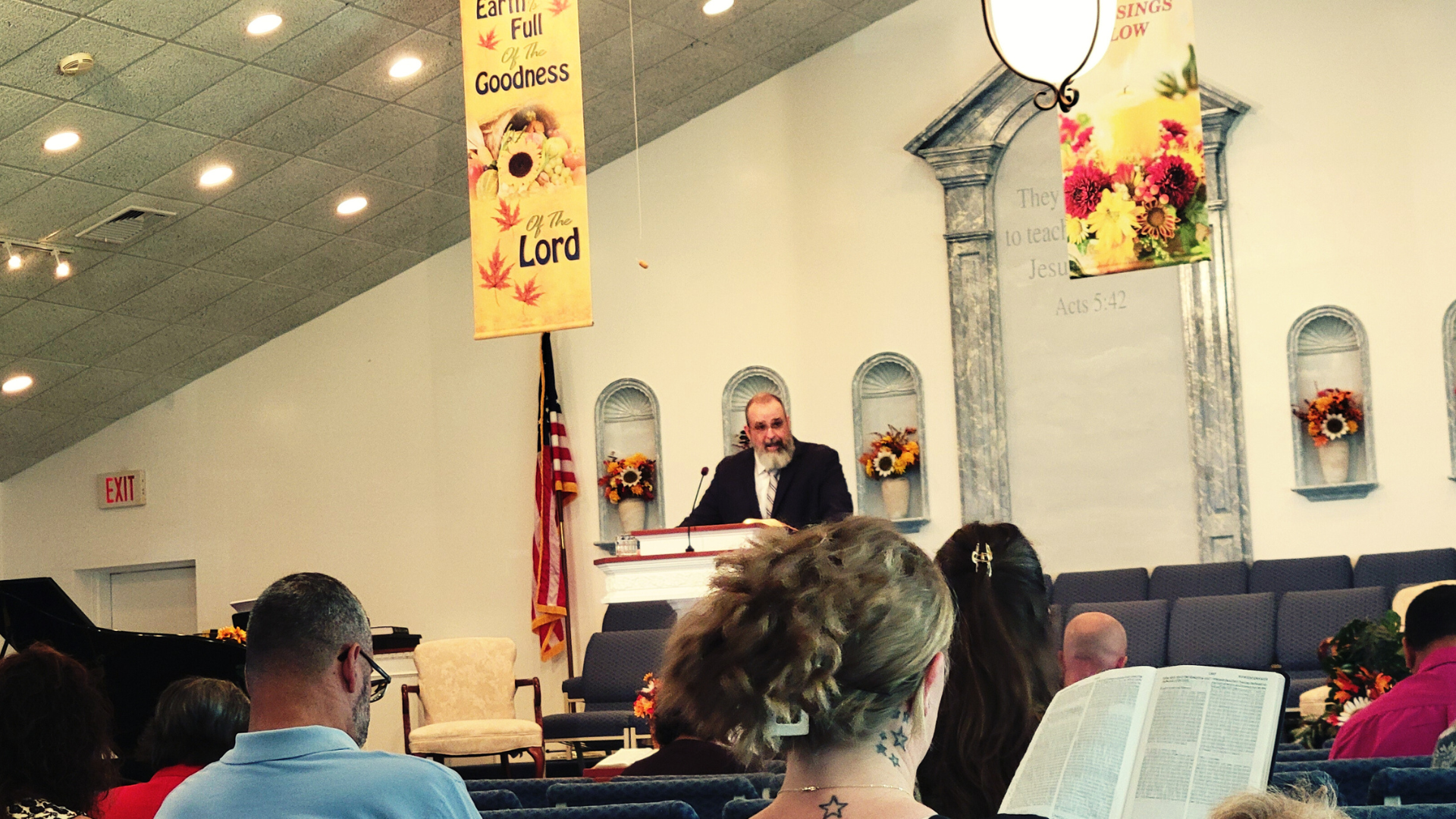 Pastor Tim preaching at Bible Way Baptist Church sanctuary